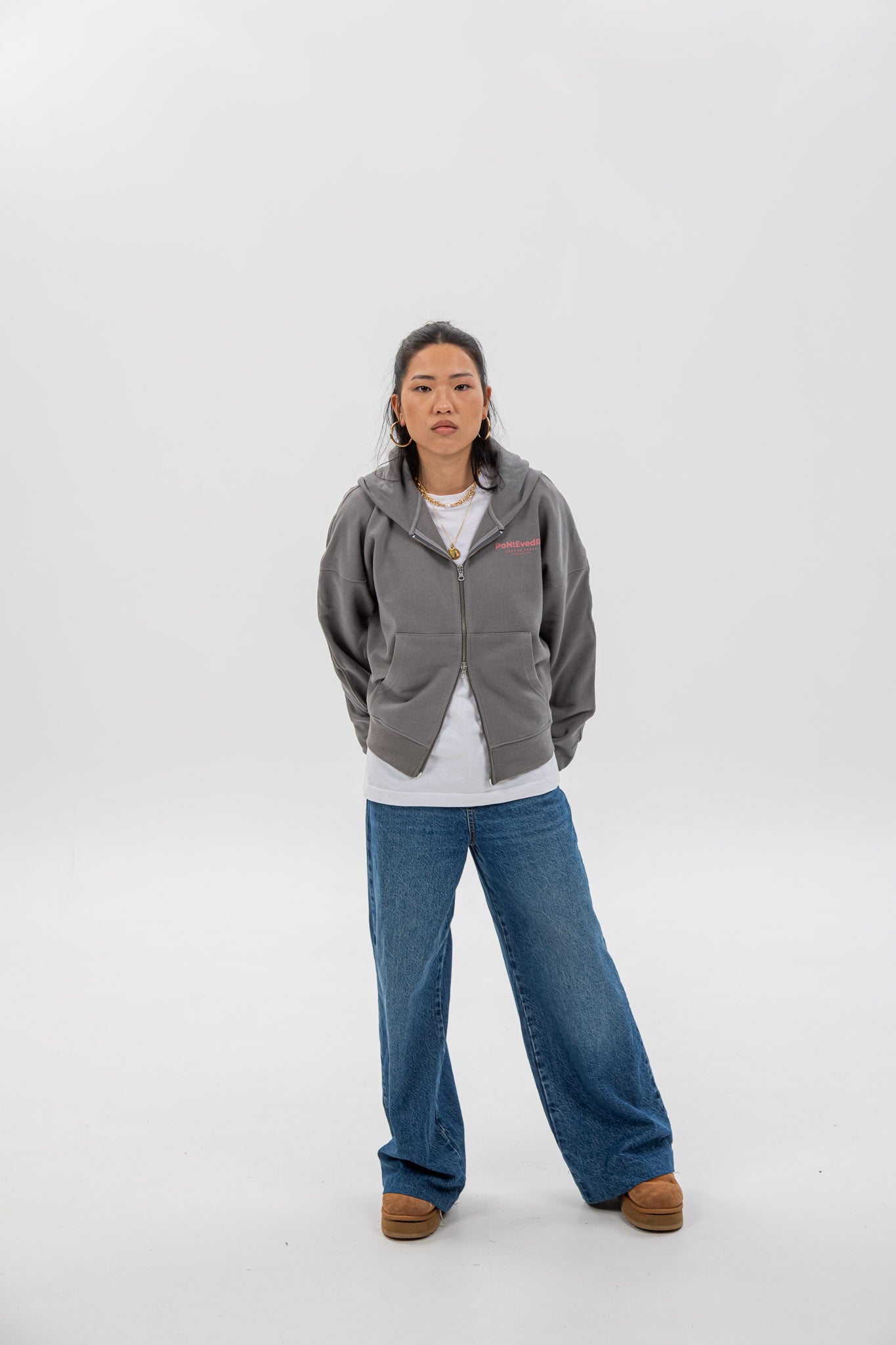 GRAY/PINK "PONTEVEDRA" SHORT ZIPPER SWEATSHIRT