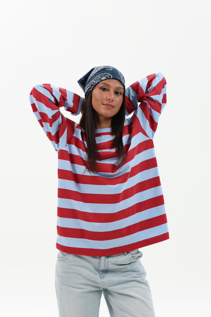 CAMISETA ROJO/CELESTE "PLAYAS SURF" RAYAS