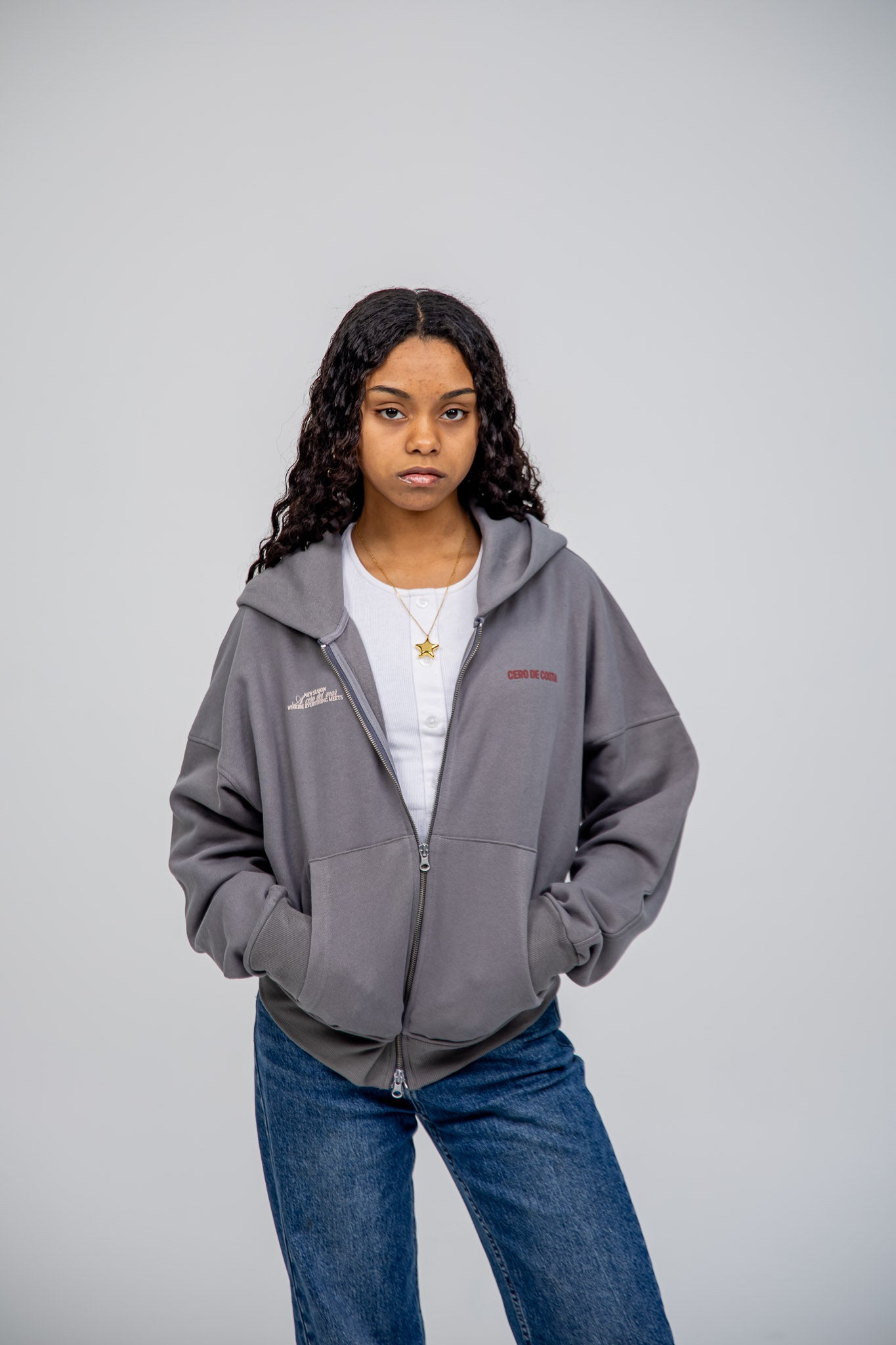 GREY/WHITE SWEATSHIRT "A CORUÑA" SHORT ZIP