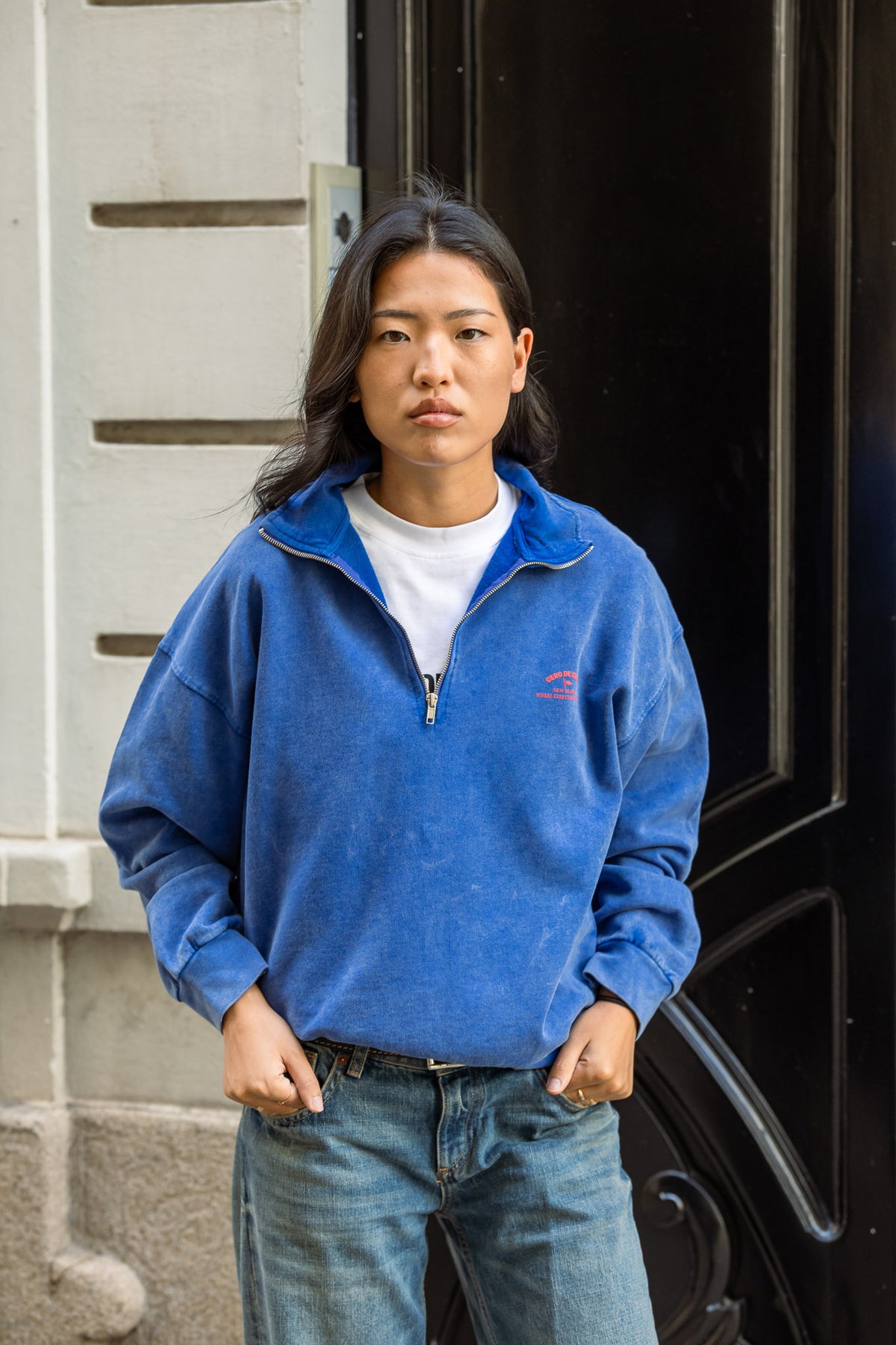SUDADERA TIZA/ROJO "LOGO" CREMALLERA MEDIA