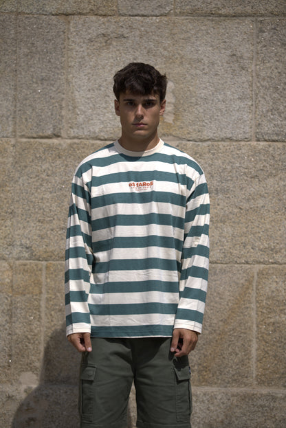 CAMISETA VERDE/BEIGE "OS FAROS" RAYAS