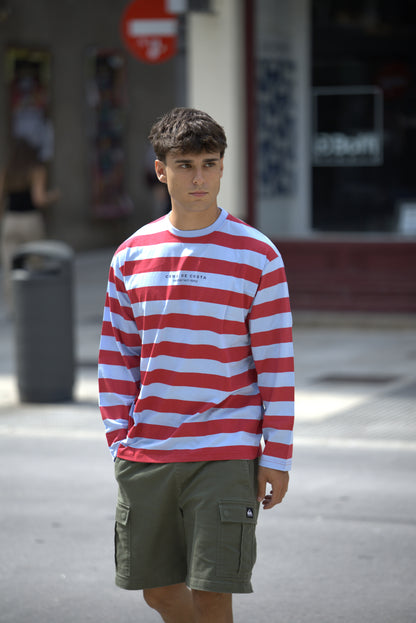 CAMISETA ROJO/CELESTE "BUEU" RAYAS