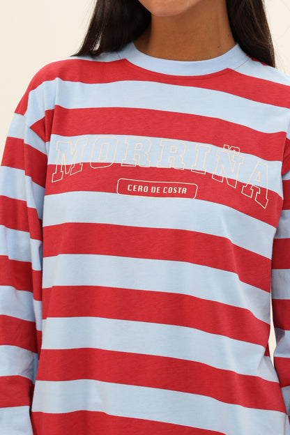 CAMISETA ROJO/CELESTE "MORRIÑA" RAYAS