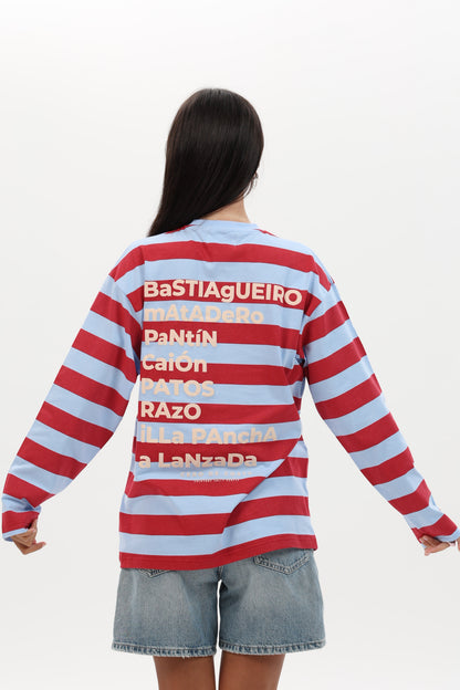CAMISETA ROJO/CELESTE "PLAYAS SURF" RAYAS