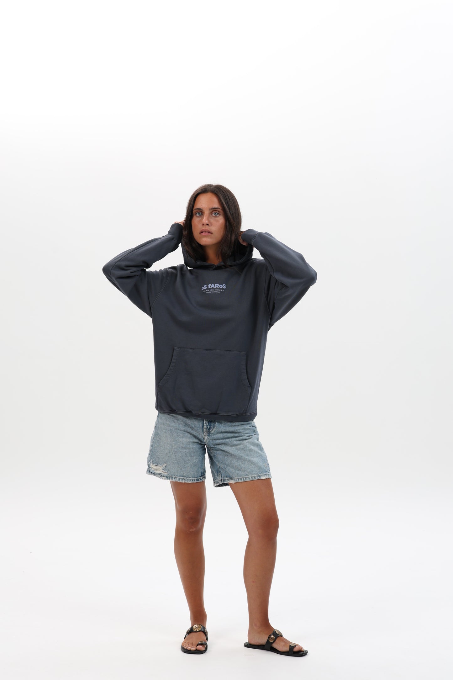 SUDADERA ANTRACITA/CELESTE “OS FAROS” CON CAPUCHA