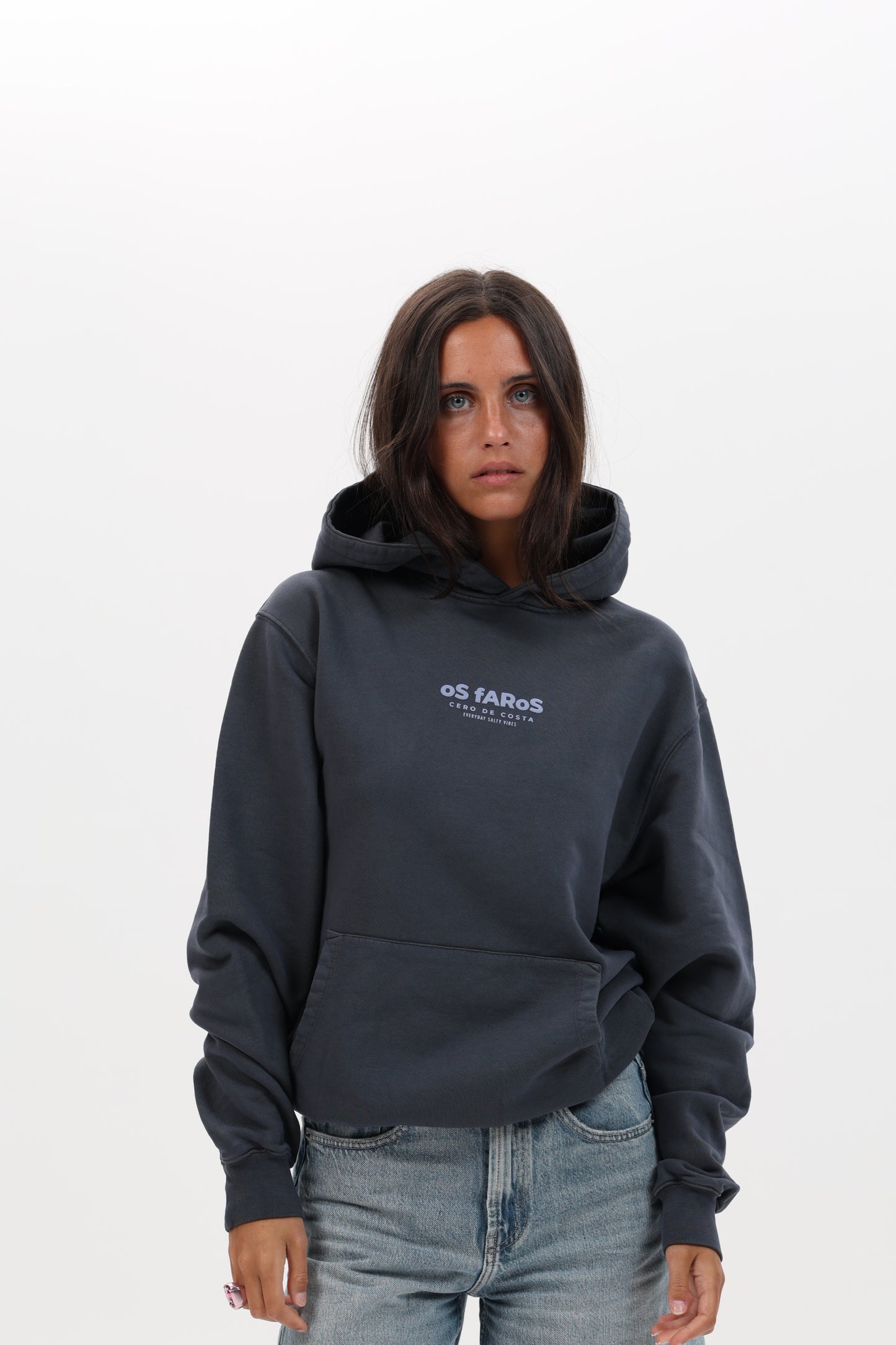 SUDADERA ANTRACITA/CELESTE “OS FAROS” CON CAPUCHA