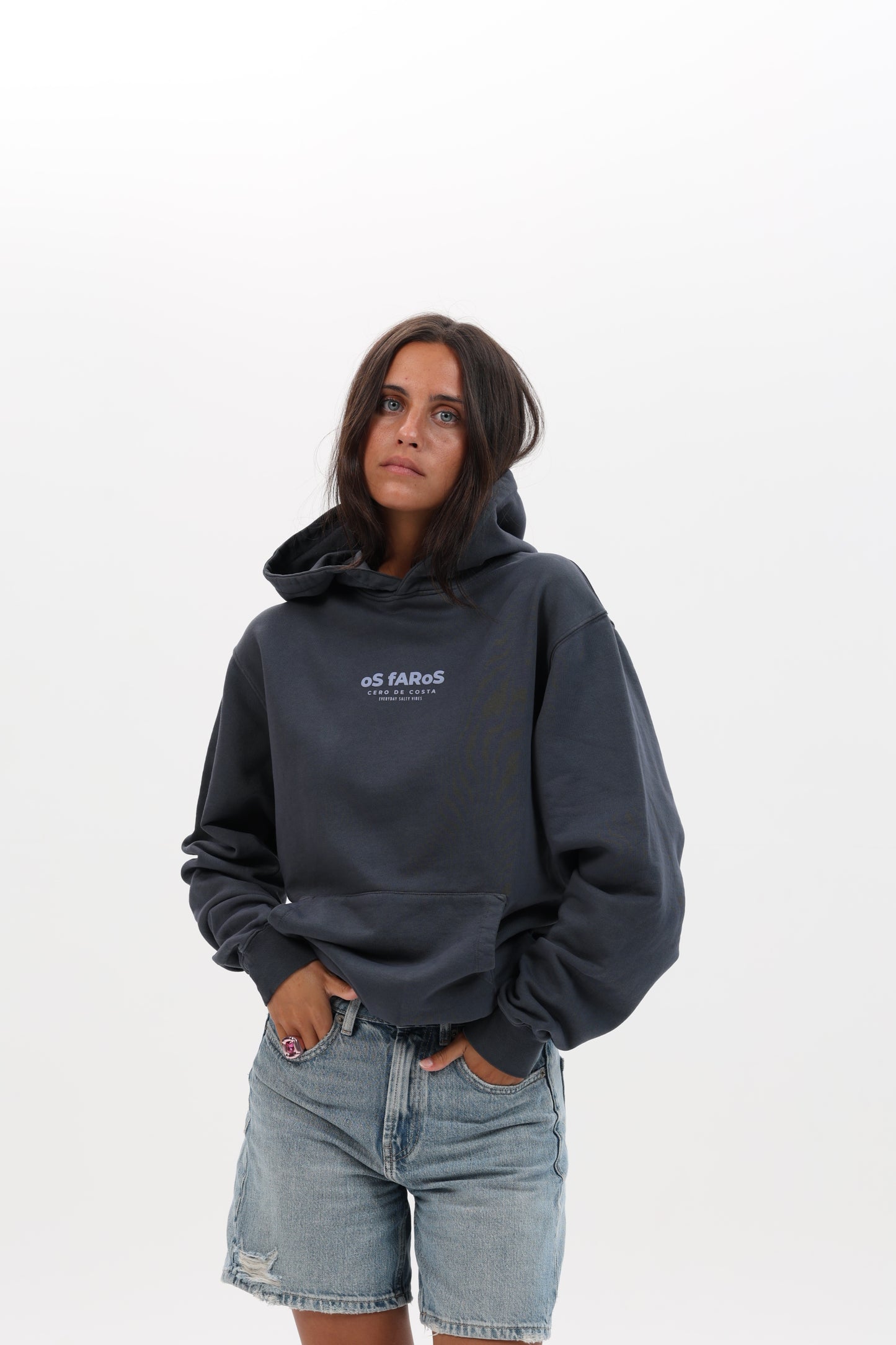 SUDADERA ANTRACITA/CELESTE “OS FAROS” CON CAPUCHA