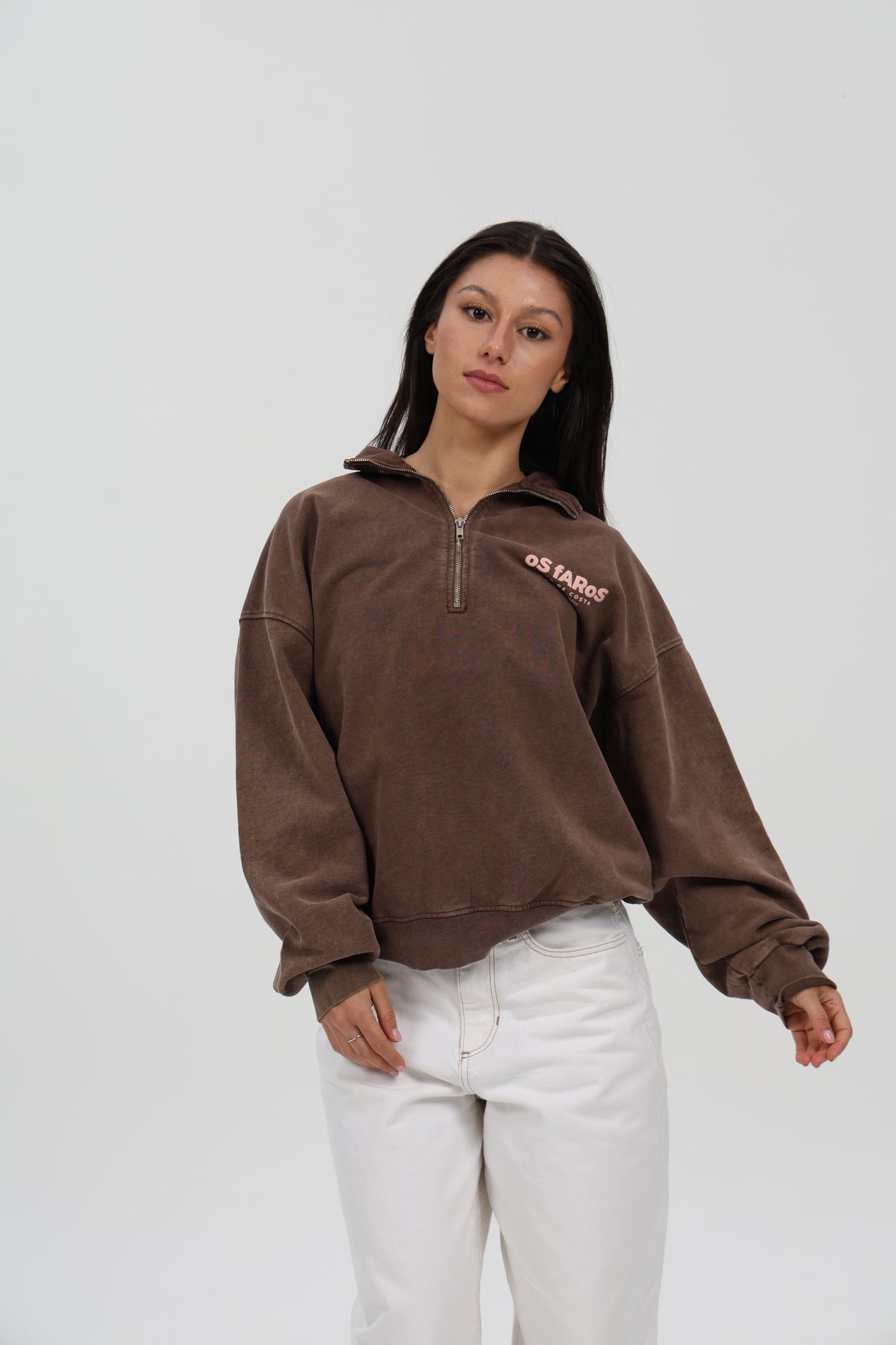SUDADERA MARRÓN-LAVADO/ROSA "OS FAROS" CREMALLERA MEDIA