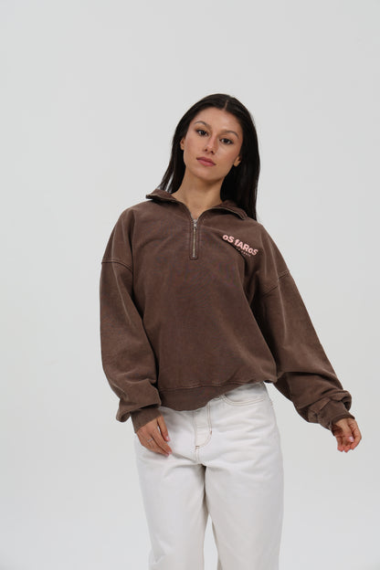 SUDADERA MARRÓN-LAVADO/ROSA "OS FAROS" CREMALLERA MEDIA