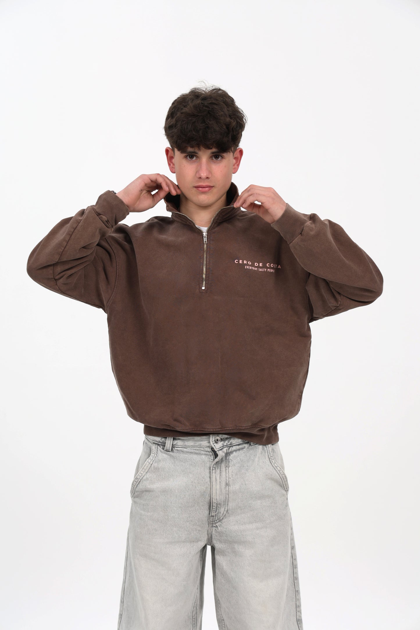SUDADERA MARRÓN-LAVADO/ROSA "PLAYAS SURF" CREMALLERA MEDIA