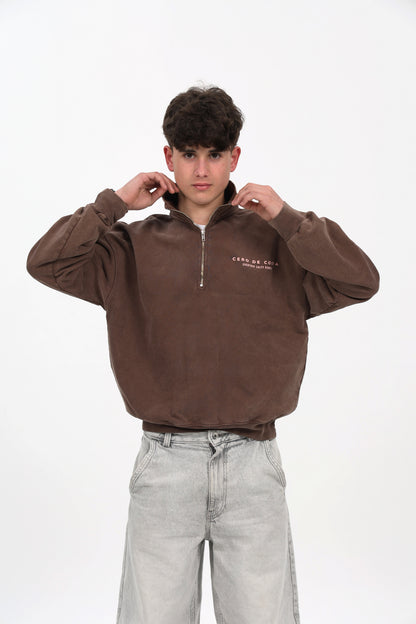 SUDADERA MARRÓN-LAVADO/ROSA "PLAYAS SURF" CREMALLERA MEDIA