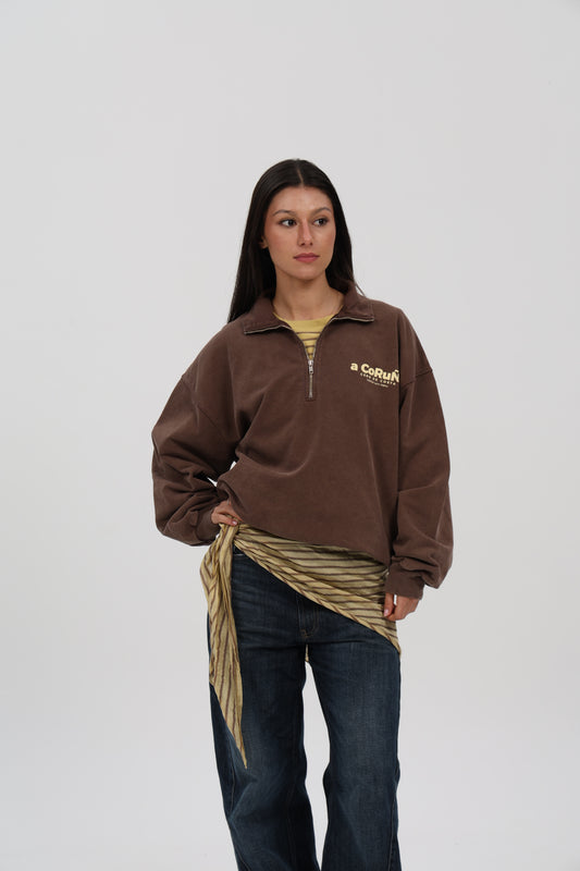 SUDADERA MARRÓN-LAVADO/BEIGE "A CORUÑA" CREMALLERA MEDIA