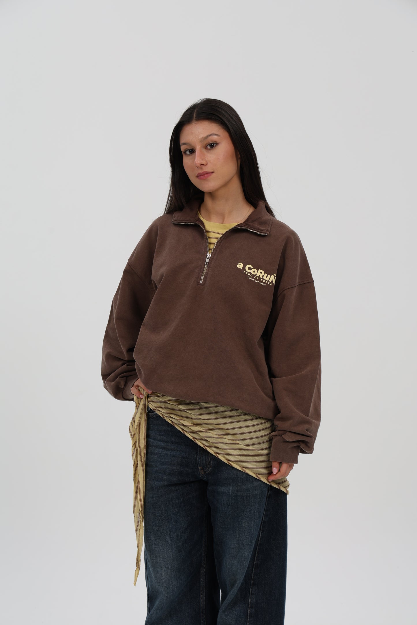 SUDADERA MARRÓN-LAVADO/BEIGE "A CORUÑA" CREMALLERA MEDIA