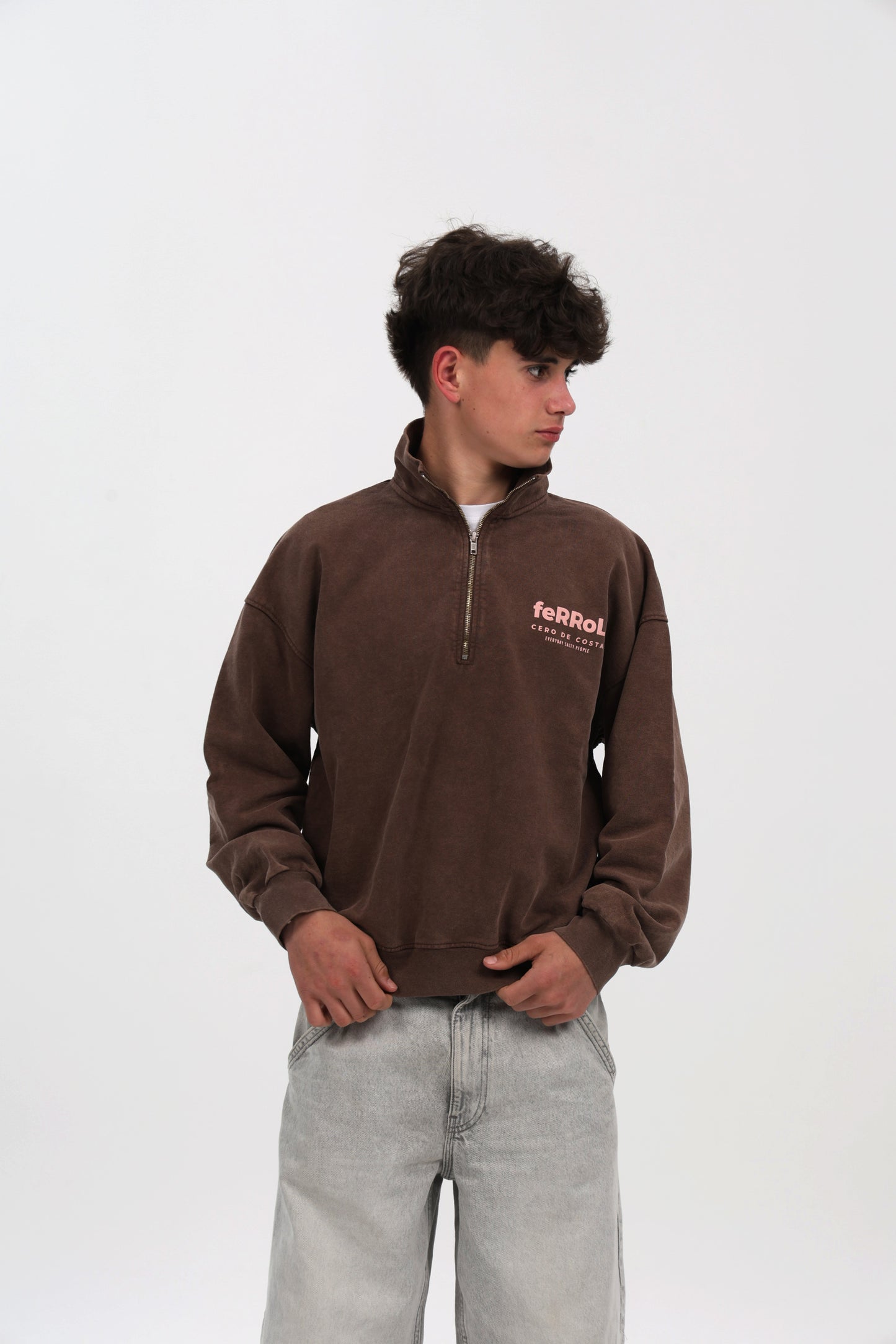 SUDADERA MARRÓN-LAVADO/ROSA "FERROL" CREMALLERA MEDIA
