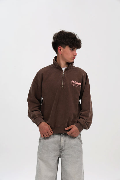 SUDADERA MARRÓN-LAVADO/ROSA "FERROL" CREMALLERA MEDIA