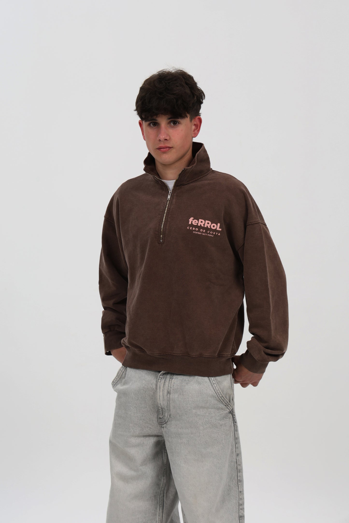 SUDADERA MARRÓN-LAVADO/ROSA "FERROL" CREMALLERA MEDIA