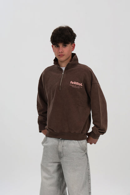 SUDADERA MARRÓN-LAVADO/ROSA "FERROL" CREMALLERA MEDIA