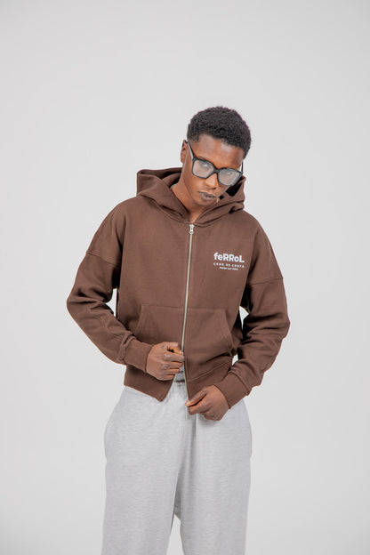 BROWN/LIGHT BLUE "FERROL" SHORT ZIP SWEATSHIRT