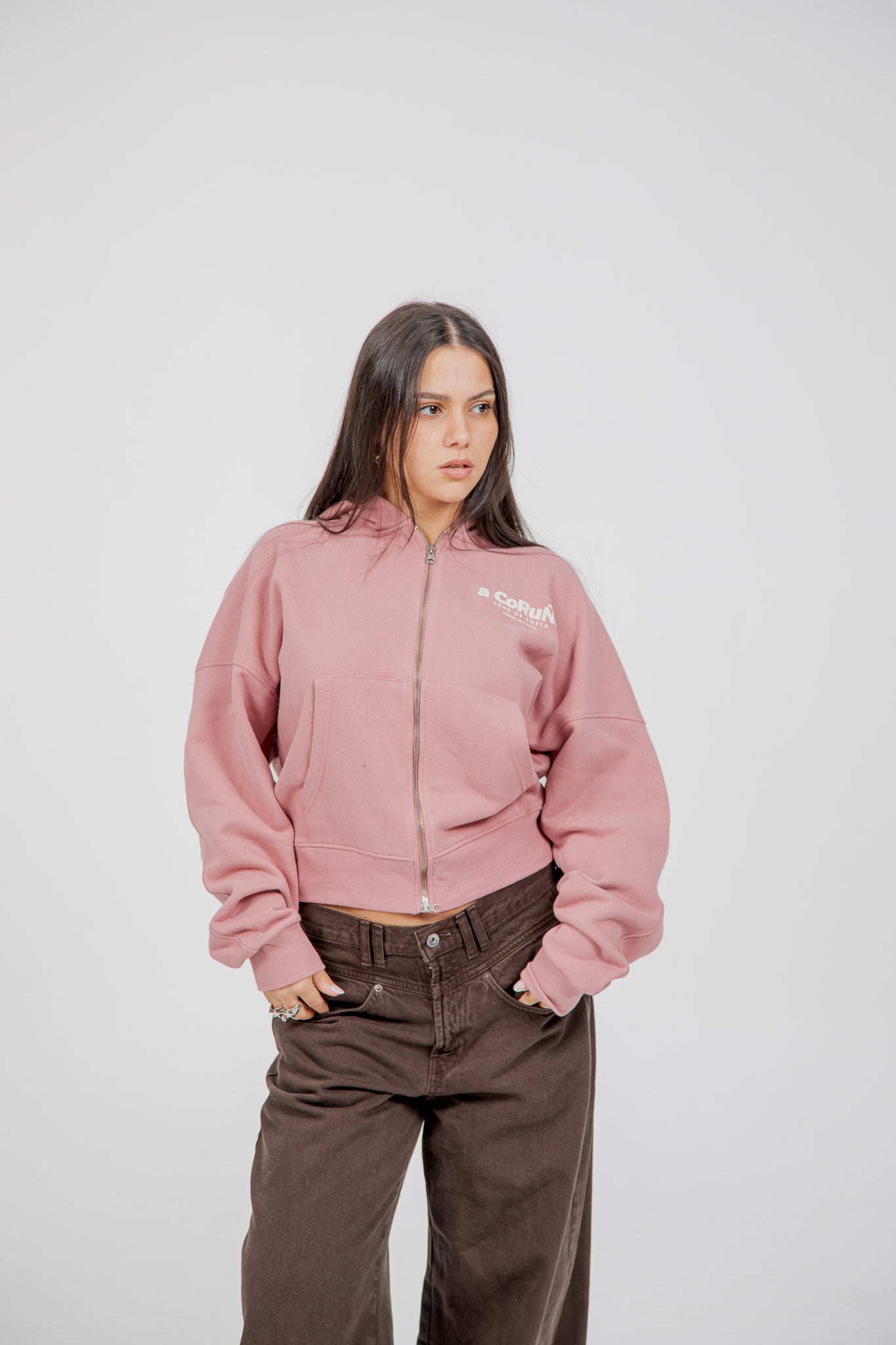 SUDADERA ROSA/BLANCO "A CORUÑA" CREMALLERA CORTA