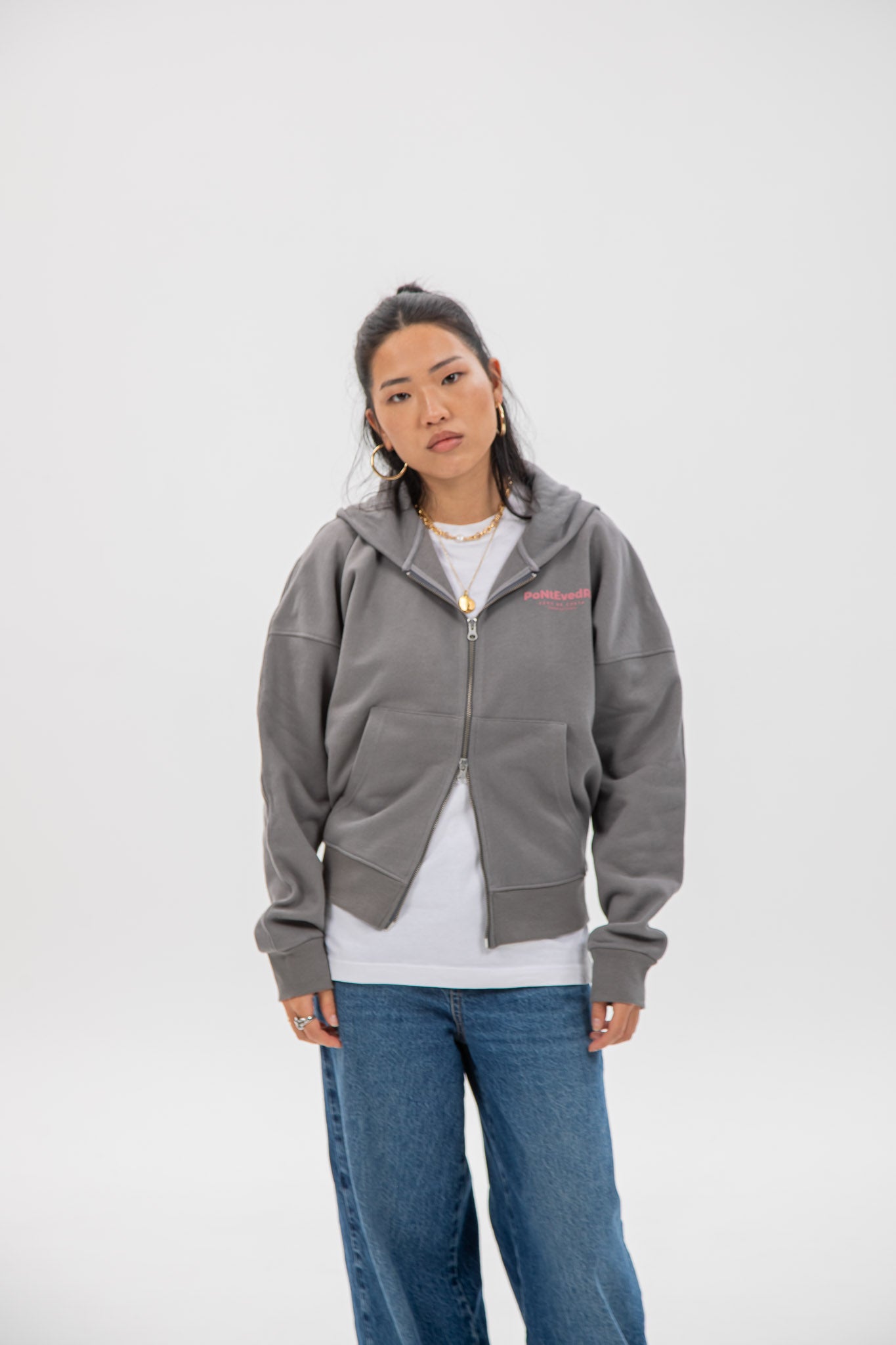 GRAY/PINK "PONTEVEDRA" SHORT ZIPPER SWEATSHIRT