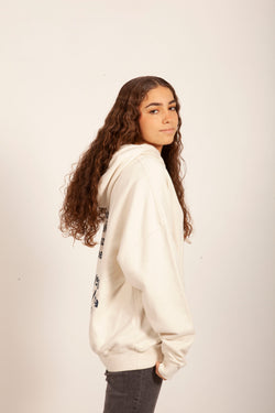 SUDADERA BLANCO/AZUL "PUENTEDEUME" CON CAPUCHA