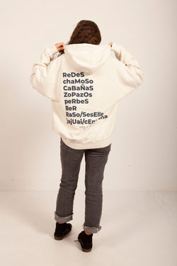 SUDADERA BLANCO/AZUL "PUENTEDEUME" CON CAPUCHA