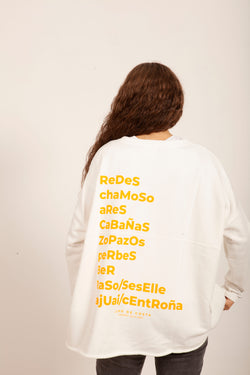 SUDADERA BLANCO/NARANJA FLÚOR "PUENTEDEUME" SIN CAPUCHA (TALLA ÚNICA)