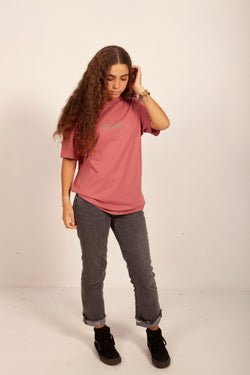 CAMISETA ALGODÓN ORGÁNICO ROSA KAFFA/VERDE “CERO DE COSTA” PLAYAS SURF
