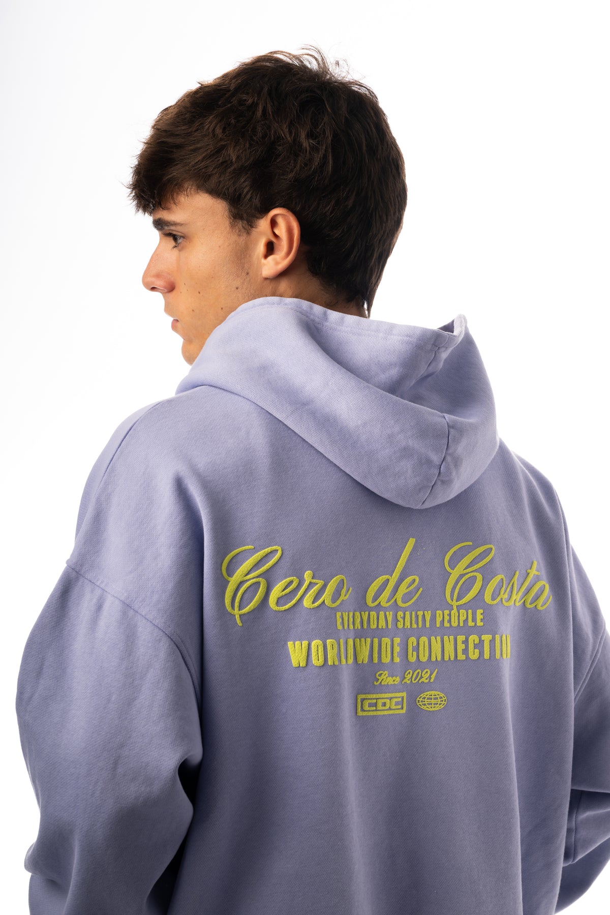SUDADERA LILA-TIZA/VERDE "LOGO CURSIVA" CON CAPUCHA