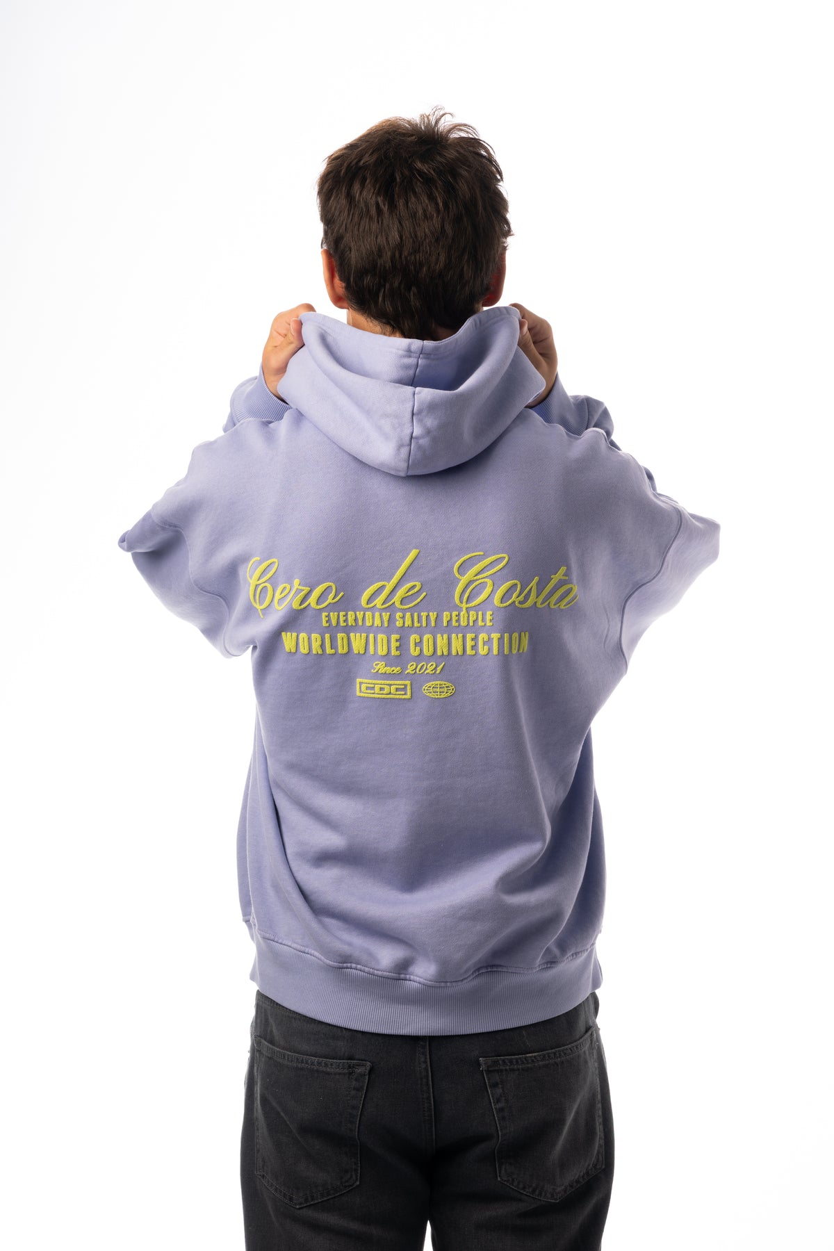 SUDADERA LILA-TIZA/VERDE "LOGO CURSIVA" CON CAPUCHA