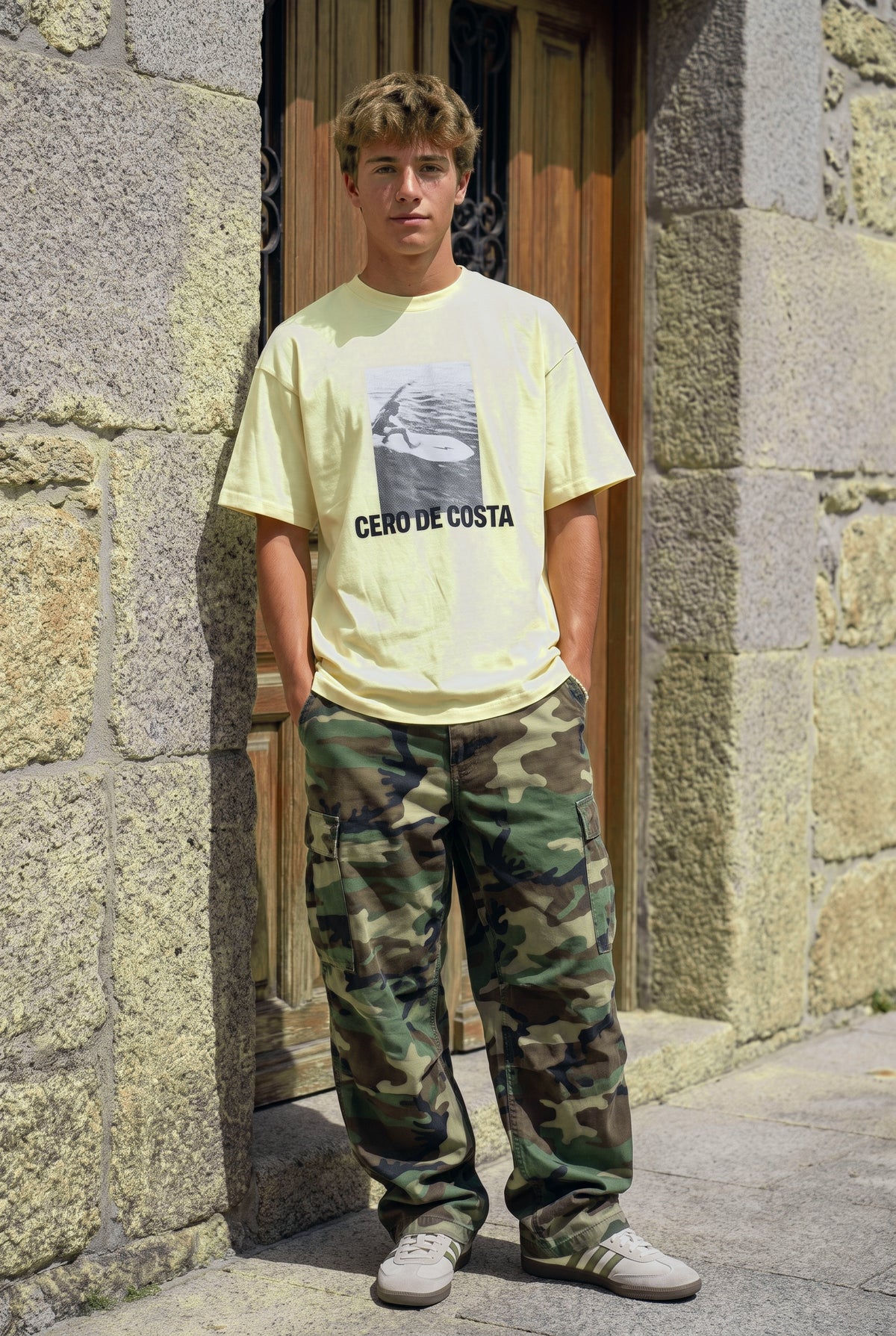 Camiseta mantequilla «Foto Surfer» de Cero de Costa con pantalón de camuflaje, vista de frente
