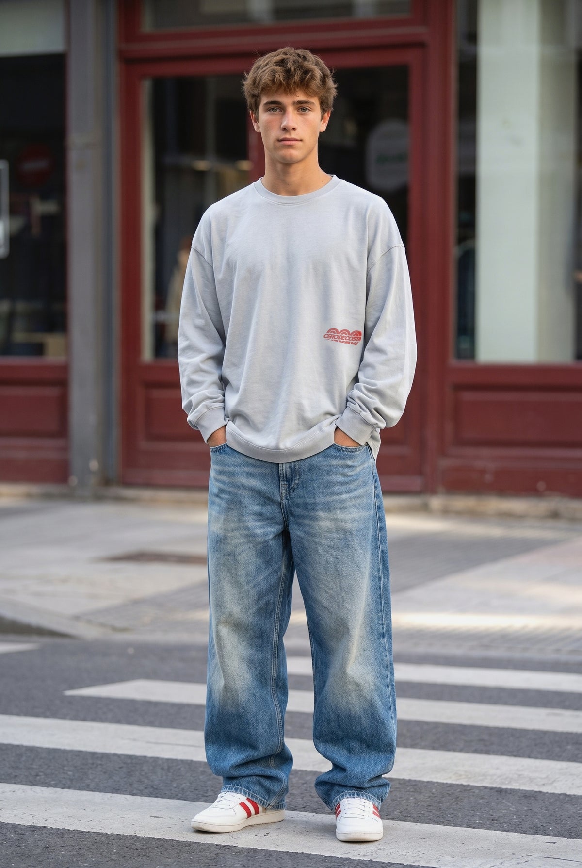 Camiseta manga larga gris «Tour Logo» de Cero de Costa con logo rojo, vista de frente