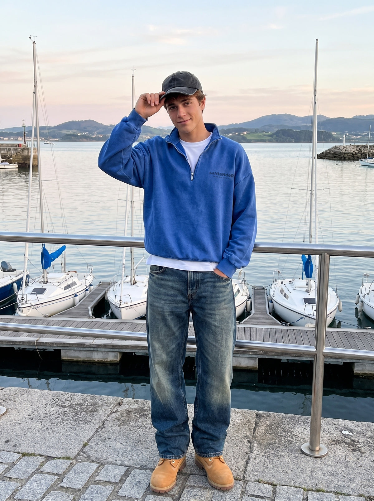 Sudadera media cremallera azul tiza «Santander» de Cero de Costa en Puerto Chico, Santander