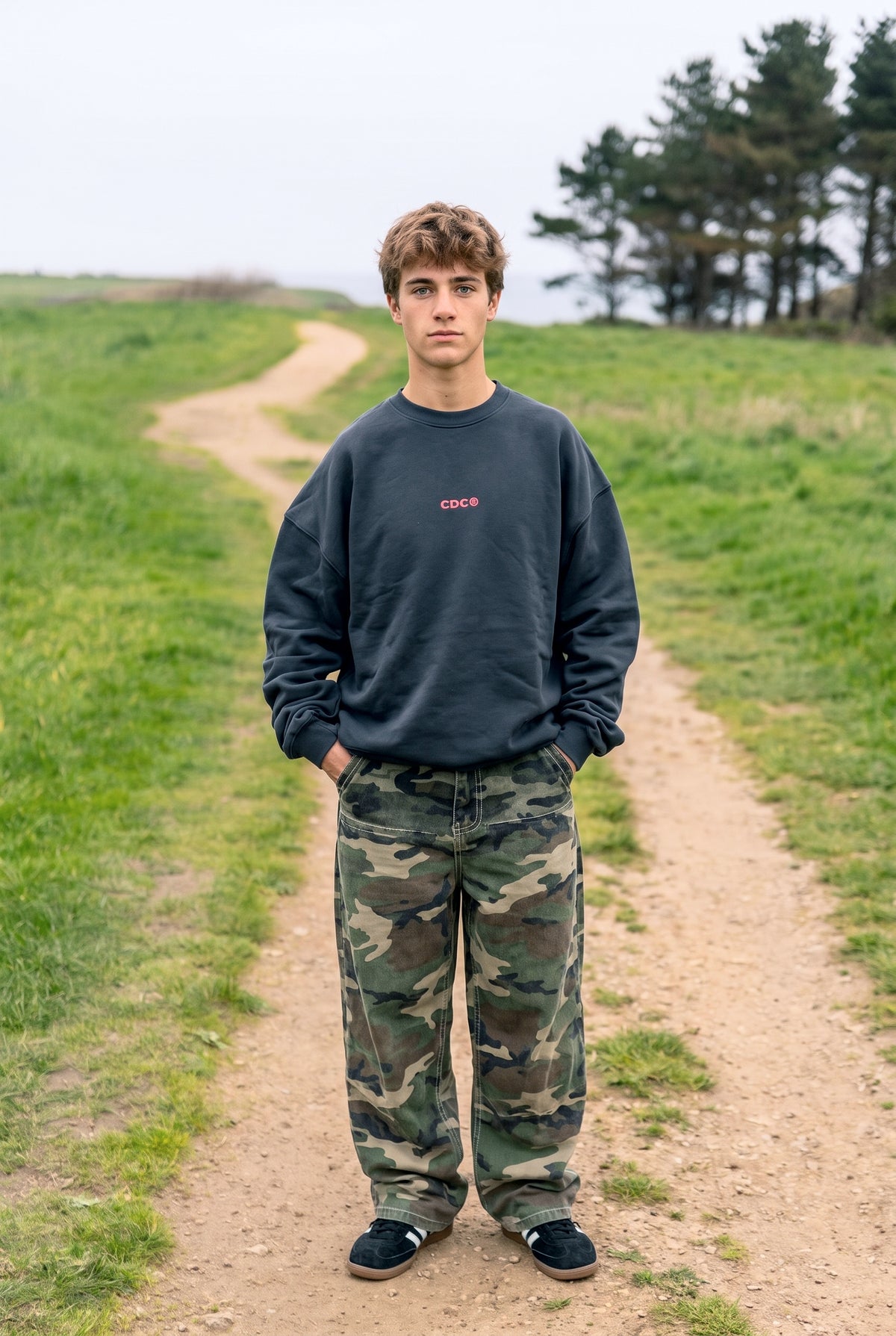 Sudadera antracita «Not Only Beach» de Cero de Costa con pantalón de camuflaje, vista de frente